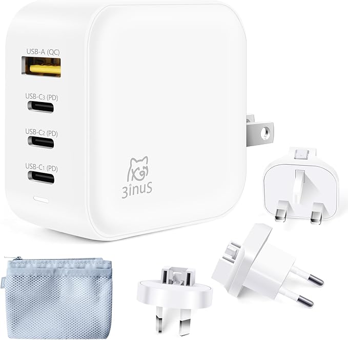 3inuS 100W USB C GaN Wall Charger for Smart Phone 17/16 Pro/Pro Max/Plus, Plug Foldable 4-Port PD USB-C Charger with Traveller Adapters, use for Tablet, Mac Book Laptops etc.