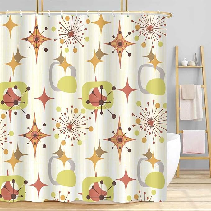Mid Century Shower Curtain, 72x78inch, Modern Abstract Retro Yellow Striped Geometric Shower Curtain Sets 1950s Boho Bathroom Shower Curtain with 12 Hooks