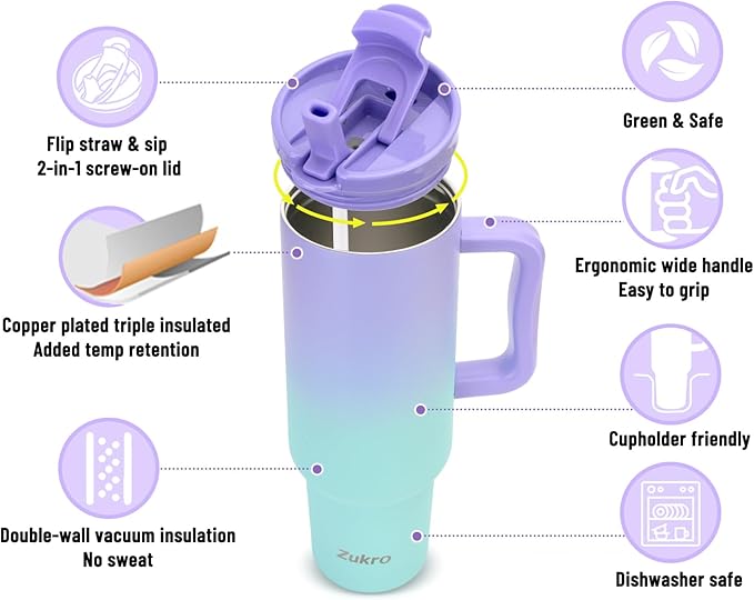 Zukro 50 oz Tumbler With Handle and Flip Straw, Leak Proof Lid, Double-Wall Stainless Steel Water Bottle for Home, Oiffce, Work, Large Vacuum Insulated Travel Cup Fit in Cupholder, BPA-Free