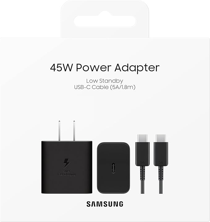 SAMSUNG 45W Wall Charger Power Adapter with Cable Included, Super Fast Charging for Galaxy Phones, Tablets and USB Type C Devices, Low Standby Power Consumption, EP-T4511XBEGUS, Black