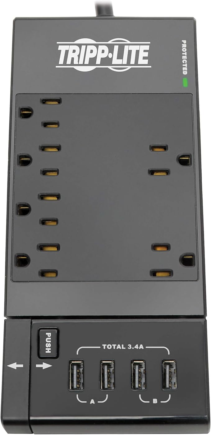 Tripp Lite Safe-IT Surge Protector & Charging Station, 6-Outlets, 4-USB Ports, 8ft / 2.4M Cord, $50,000 Insurance, Limited Life Manufacturer's Warranty (TLP68UBAM)