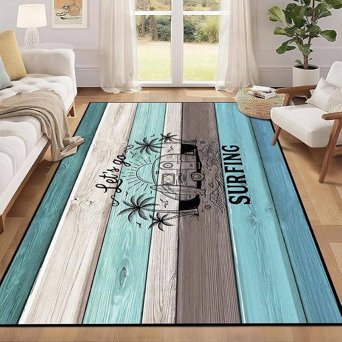 Surfing Area Rug Beach Van Palm Tree Carpet Retro Wood Grain Striped Rugs Non Slip Washable Floor Mat for Entryway Bedroom Living Room Nursery Playroom Home Decor,3'x5'