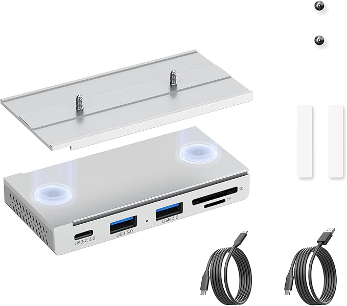 EJAY 5-in-1 Magnetic USB 3.0 Hub with SD/TF Card Reader, 2 USB-A + 1 USB-C Ports, Includes Sliding Rail, Screws & Sticky Pads for MacBook Laptop PC Silver