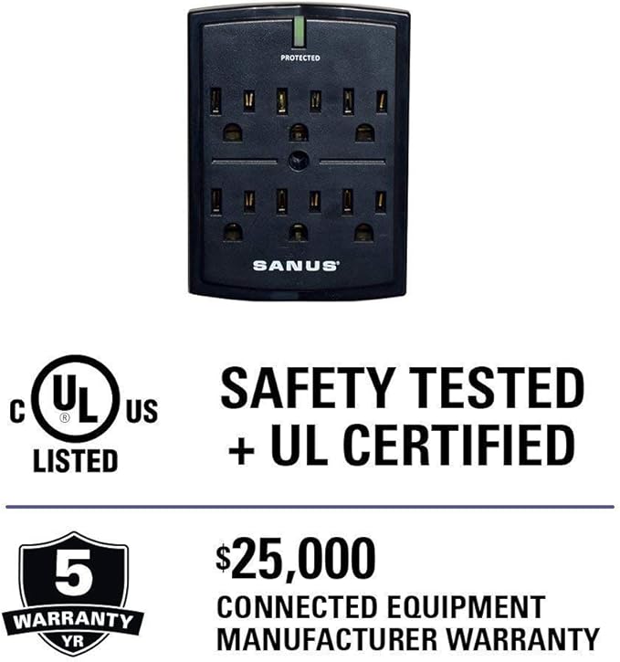 SANUS On-Wall Low Profile 1080J Fireproof Surge Protector with 6 AC Outlets & 3 Lines of Protection - Includes Power Signal Filtering Black