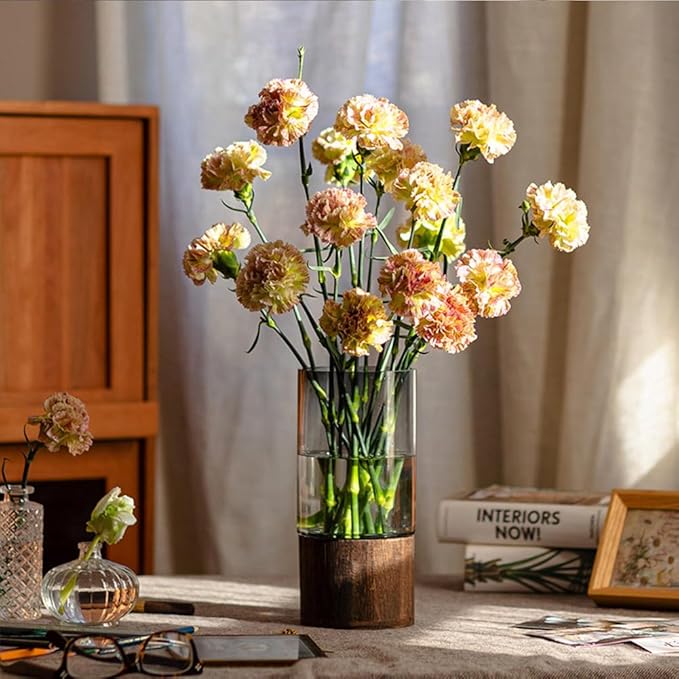 Artistic Wood Glass Vase, 12" H, Large Wooden Base Cylindrical Flower Vase, Classic Boho Rustic Style for Fireplace Bedroom Kitchen Living Room Centerpieces Office Desk