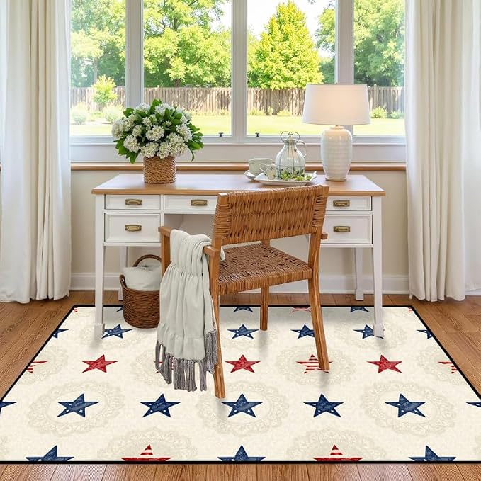 Star Area Rug 4'x6' Vintage Red Blue White Carpet Washable Low Pile Floor Mat Rugs for Bedroom Living Room Nursery Playroom Classroom Home Decor