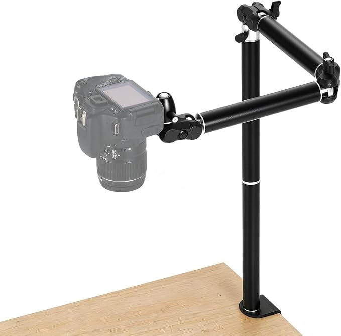 TARION Camera Desk Mount Overhead: Articulated Camera Arm Stand with Clamp 3/8'' 1/4'' Screws Adjustable Table Mount Flexible Gear Joints for DSLR, Phone, Projector TKA01-L (Upgraded Version)