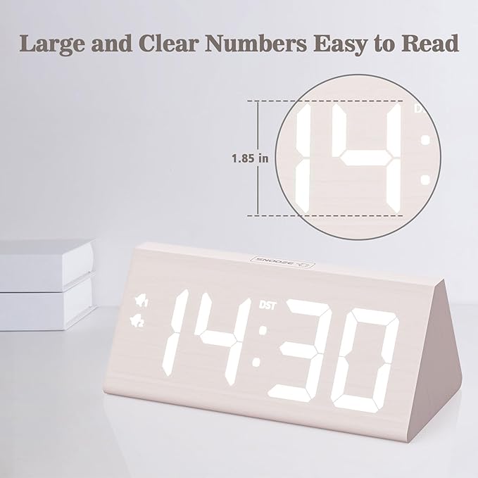 fomobest Wooden Digital Alarm Clock with Dual USB Charging Ports, DST, Dimmable, Snooze, Modern Large Time Display LED Clock for Kids Bedrooms, Living Room, Desk, Table, Bedside, Nightstand (White)