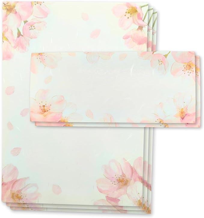 Japanese Cherry Blossom Stationery Paper and Envelopes Set, Made in Japan,15 Sheets, 8 Envelopes (Light Pink), Elegant Washi Paper for Writing Crafts,Gift