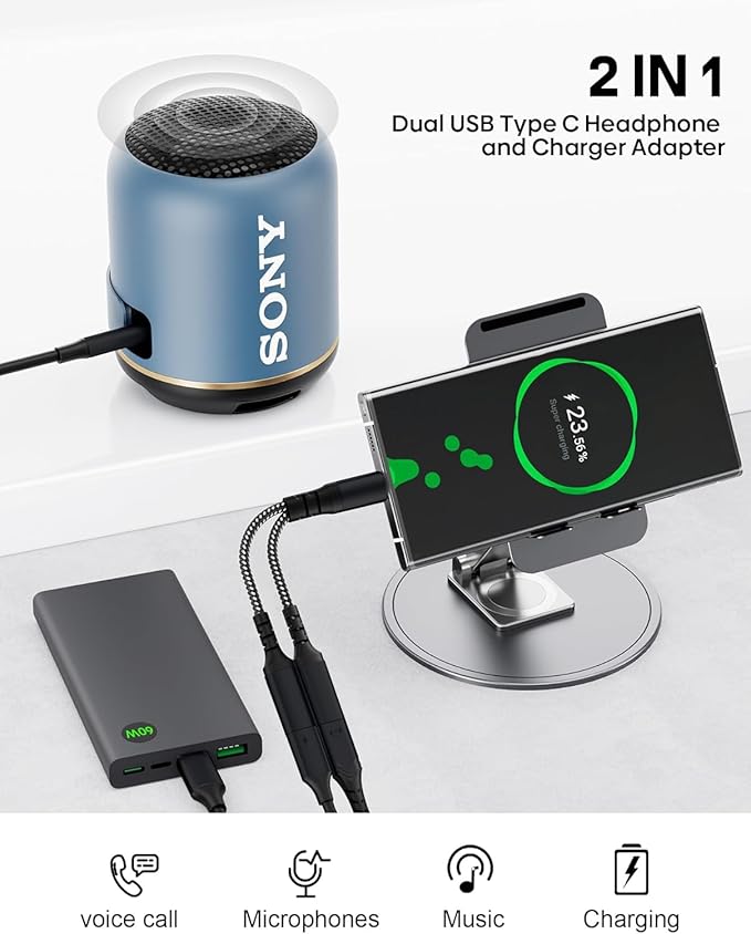 USB C Splitter 1 in 2 Out HiFi Audio Adapter, Dual USB C Headphone and Charger Adapter Support Call PD 60W Charge for iPhone 17/16 / 15 Series, MacBook, iPad, Galaxy S25 / S24 and More （Black）