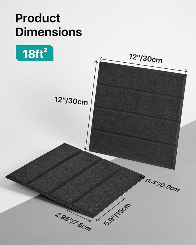 18 Pack Sound Proof Foam Panels for Walls, Self-Adhesive Acoustic Panels Sound Absorbing, 12" X 12" X 0.4" High Density Soundproof Wall Panels Tiles for Door, Ceiling, Home Office