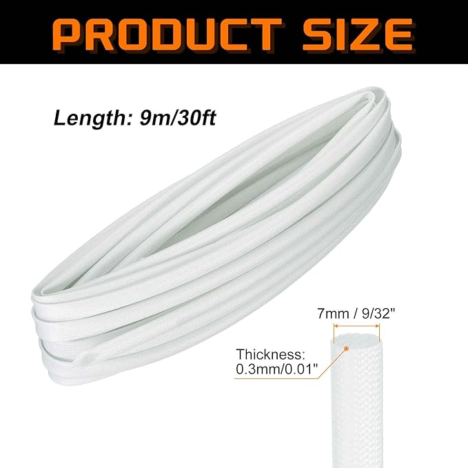 MECCANIXITY 30ft Braided Cable Sleeve, 9/32" ID 200C High Temperature 1500V Fiberglass Wire Insulation Cord Protector Organizer Wires Management for Motor Engine Fuel Line, White