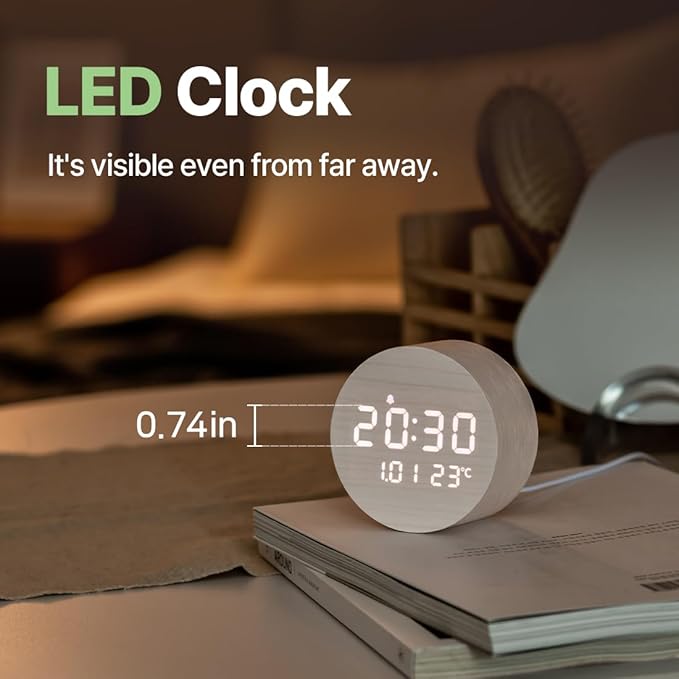 FLT Moonfall Wood Interior LED Desk Clock-Maple (Designed in Korea)- Time, Date, Temperature Display, Customizable Alarms, Auto Brightness, Compact 3.46-Inch Size, USB Cable & Adapter Included