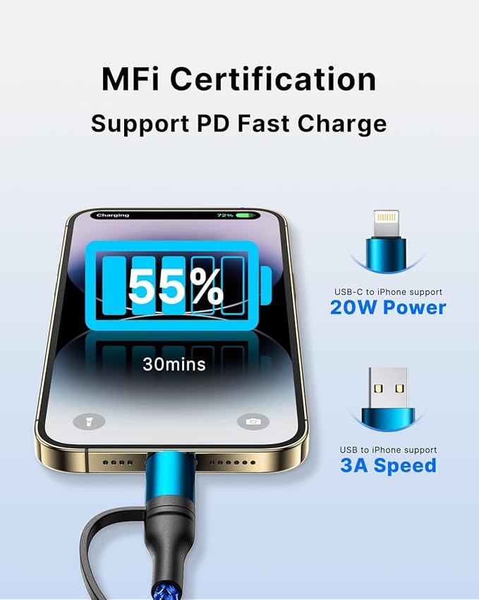 XUDUO 4 in 1 Charging Cable Fast USB C Cable Type C Charger 60W Lightning Cable Adapter USB C to USB C Cable for iPad Charger Fast Multi Charging Cord Fits iPhone 16 15/15 Pro/15 Plus/14 Pro Max,6FT