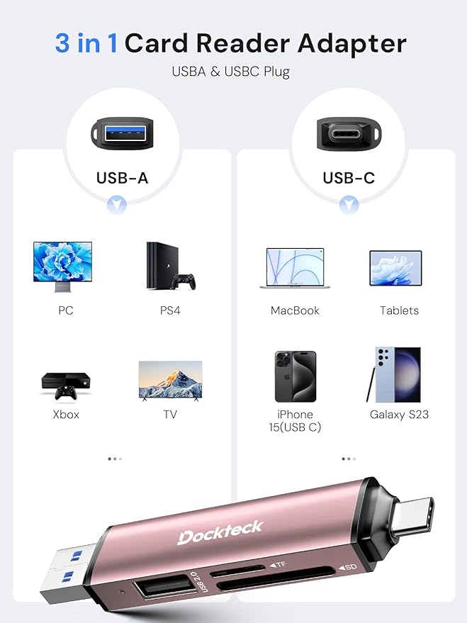Dockteck SD Card Reader, 5G Super Speed USB3.0 SD/TF Card Reader, 3-Slot USB A/C to SD/Micro SD/USB A Memory Card Reader for UHS-I SD/Micro SD/SDHC/SDXC/MMC, Support OTG for Plug&Play,Pink