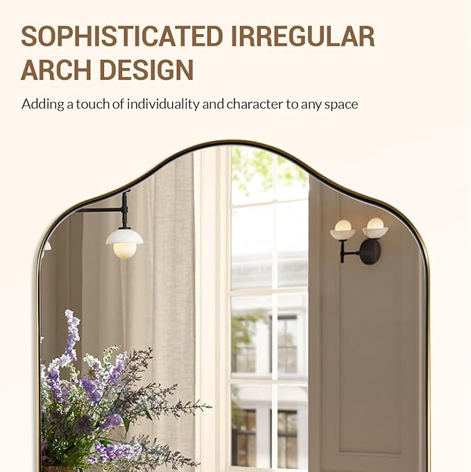 ANDY STAR Brass Scalloped Arched Wall Mirror, 26x38 Brushed Gold Irregular Bathroom Mirror with Curved Design for Vanity, Powder Room, Fireplace, Mantel, with Stainless Steel Metal Frame