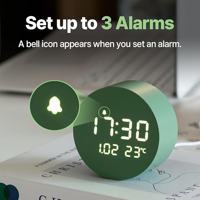 FLT Moonfall Wood Interior LED Desk Clock-White (Designed in Korea)- Time, Date, Temperature Display, Customizable Alarms, Auto Brightness, Compact 3.46-Inch Size, USB Cable & Adapter Included