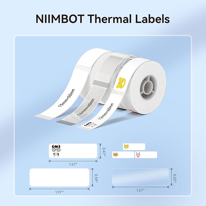 NIIMBOT Label Maker Tape for D110/D11/D101 Label Printer, Multi-Size 3Rolls Pack | 0.59'' x 1.97''White, 0.55'' x 1.57''Transparent, 0.47'' x 1.57''Zoo, for Home Office School Labeling
