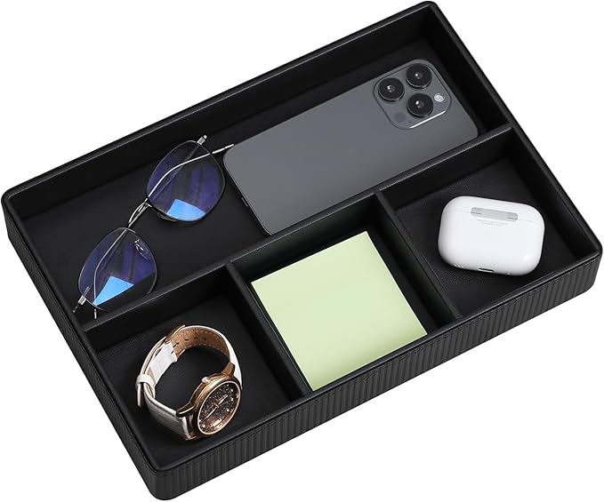 NICLNGSH PU Leather Valet Tray, Decorative Trinket Vanity Desk Drawer Organizer Tray, Perfume Dish Catch All Bowl for Keys, Nightstand Drawer Organizer Women Men with 4 Compartments (Black)