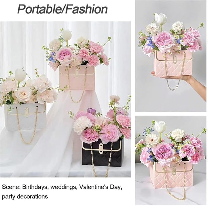 NADUSEP Flower Box Paper Bouquet Storage Bucket, Florist Flower Hand bag with Metal Chain Waterproof for Gifts Wrapping Supplies Bulk Mother's Day Valentine's Day Women's Day (Pink)