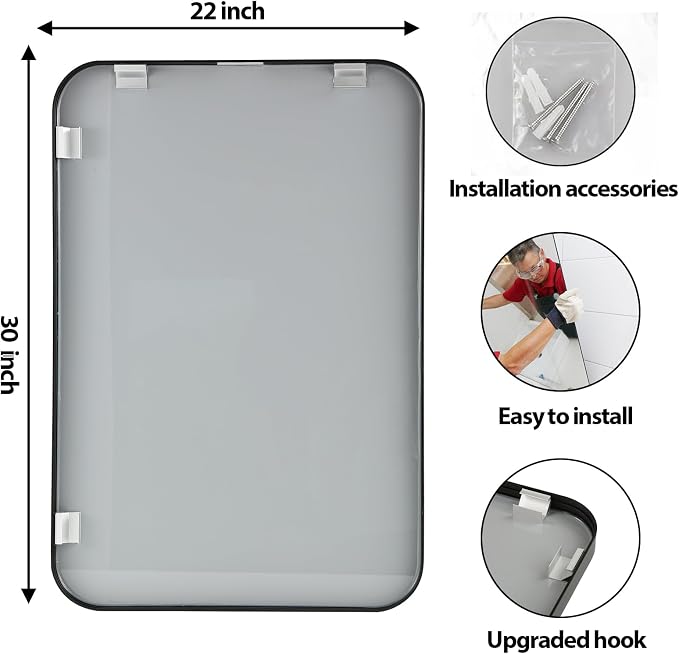 22x30 Inch Black Wall Mirror for Bathroom, Brushed Metal Framed Mirror with Rounded Corner, Rectangle Bathroom Vanity Mirror for Bedroom or Living Room, Horizontal/Vertical