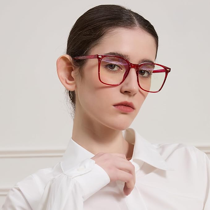 MACJERO Oversized Square Blue Light Blocking Glasses for Women Men, Anti-Fatigue Computer Monitor Gaming Glasses Reduce Eye Strain(Pearl red)