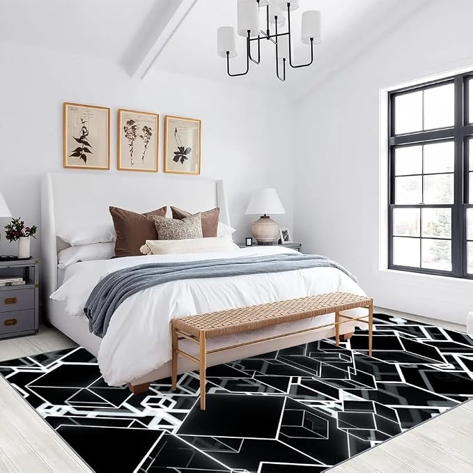 3D Geometric Area Rugs, Black White Block Pattern Carpet, Washable Non Slip Low Pile Soft Rug for Living Room Bedroom Decor Mat 2x3ft(Small)
