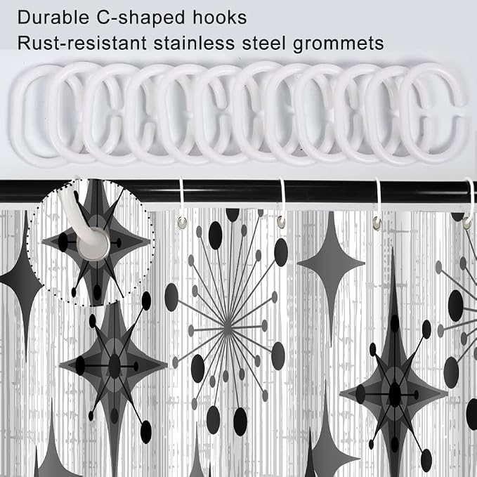 Mid Century Shower Curtain, 60x72inch, Modern Abstract Retro Grey Striped Geometric Shower Curtain Sets 1950s Boho Bathroom Shower Curtain with 10 Hooks