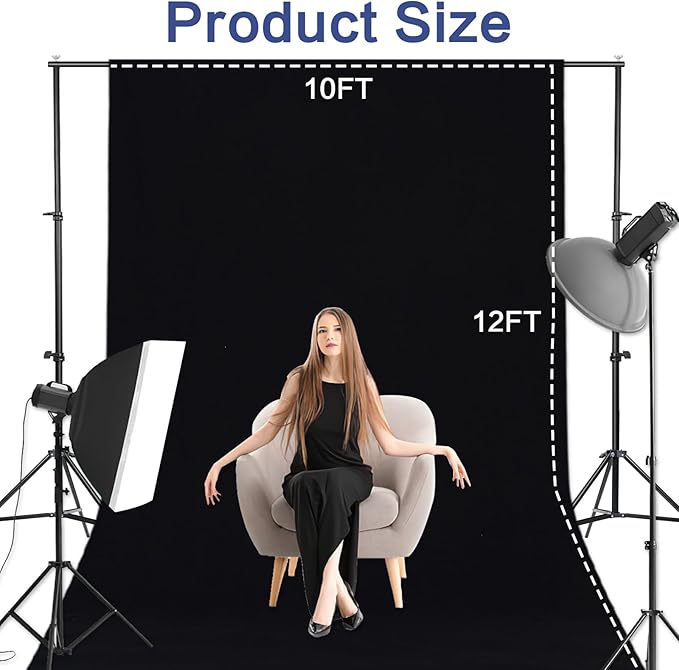 GFCC 10x12FT Black Backdrop Background - for Photography Photo Booth Backdrop for Photoshoot Background Screen Video Recording Parties Curtain