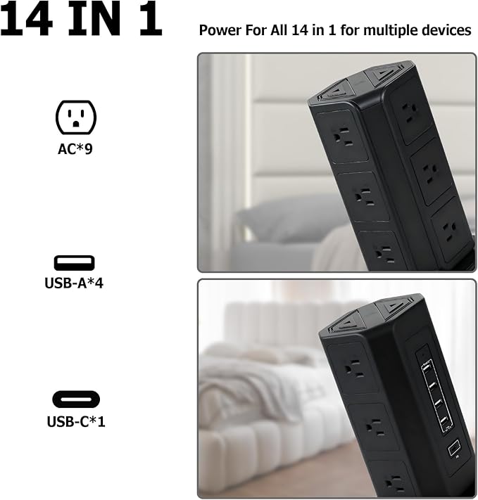 EP Power Strip Tower with USB Ports Surge Protector,Power Cord with 9 AC Outlet and 4 USB (3A 1C), 6 FT Extension Cord with Multiple Outlets, Charging Station for Home Office Dorm