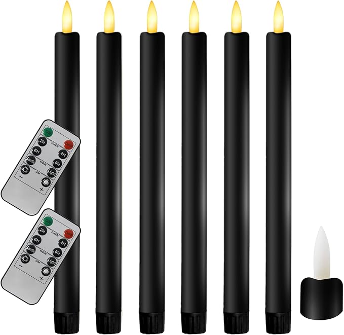 6PCS Flameless Taper Candles with 3D Flickering Flame Battery Operated Candles with 2 Remote with Button Cell Battery 10 Inch Black LED Candlesticks Window Candle for Christmas Home Decor