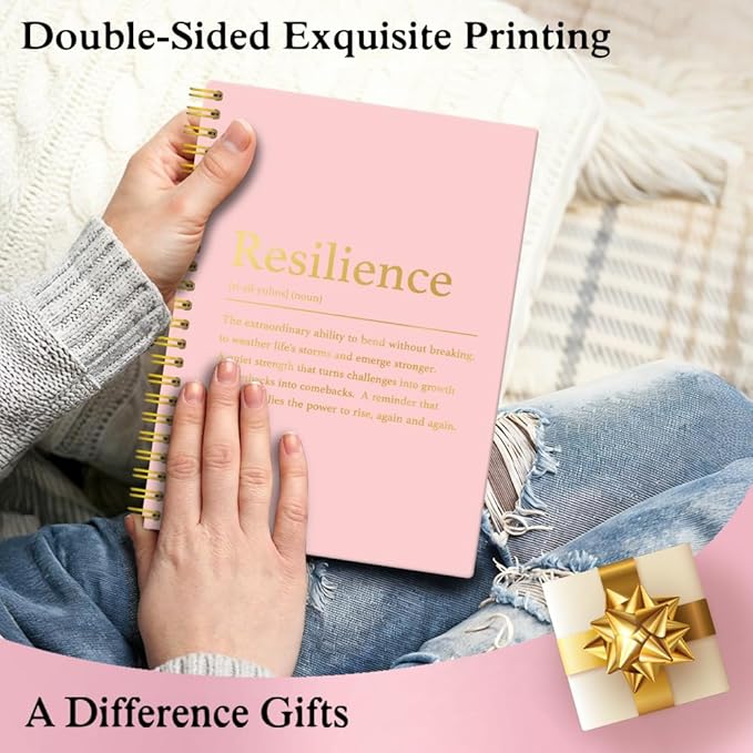 XQLZY Resilience Definition Pink Gold Spiral Notebook, Motivational Gifts for Lady Coworker, Resignation Retirement Promotion Gifts for Woman Coworker Boss Friend, Thank You Present for Office