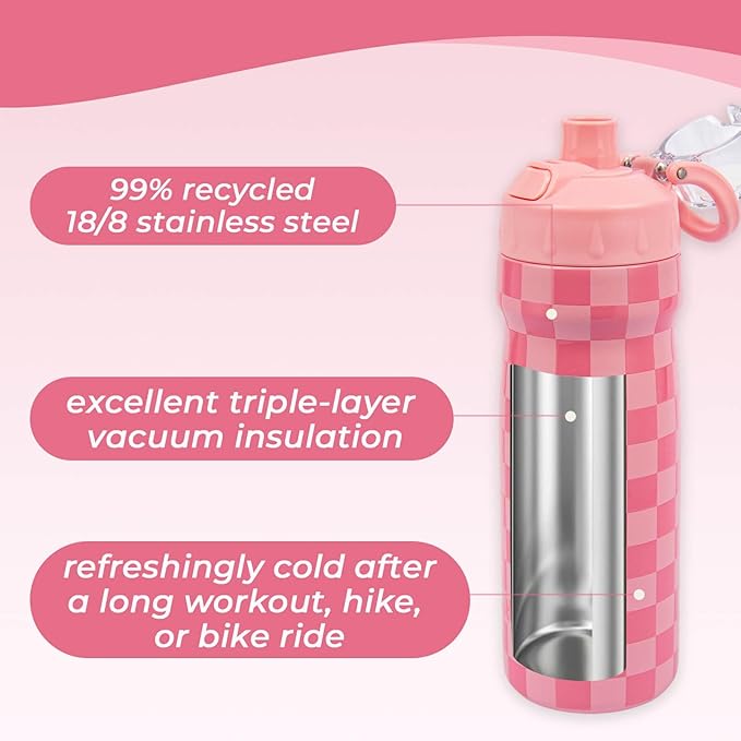Magnetic Water Bottle with Straw 18 oz - Stainless Steel Insulated Tumbler for Gym & Bike (Fits Holders) - Leak Proof Pop-Up Lid, 2-in-1 Sip or Chug, Handle & Cute Pink Checkered Print