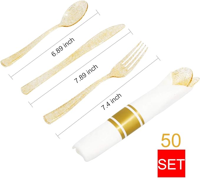 DaYammi 350 Pieces Gold Glitter Dinnerware Set 50 Guest for Party Christmas Plates Disposable - 50 Dinner Plates, 50 Dessert Platos -50 Per Rolled Napkins with Gold Cutlery -50 Disposable Cups 9 OZ