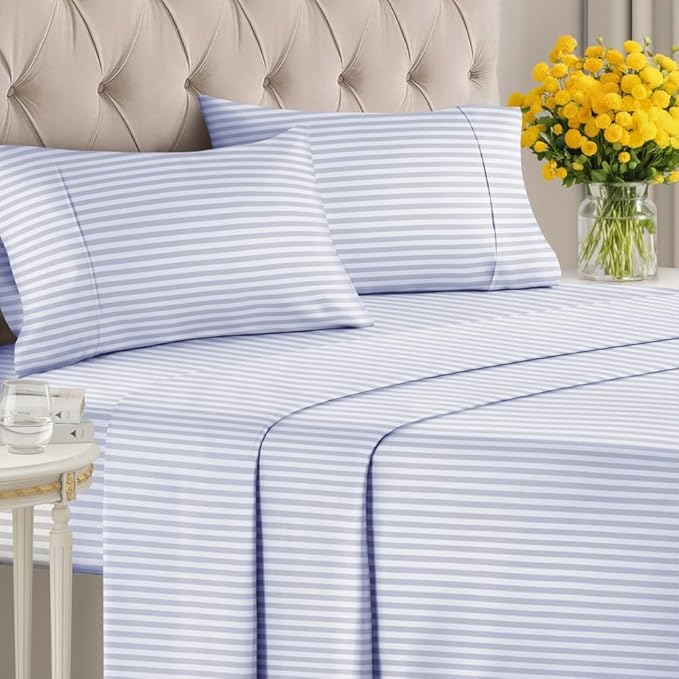 Sky Blue and White Striped Sheets - 1 Flat & 1 Fitted Sheet & 2 Pillowcases w/ Deep Pockets - Comfy, Wrinkle & Fade Resistant - Soft, Breathable & Cooling - Pinstripe Patterned Bedding - King Size