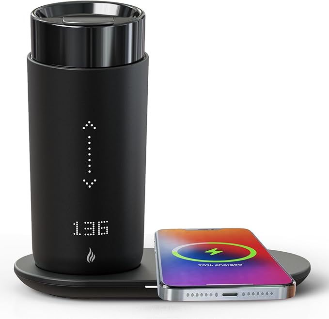 LEGARDLILIU Temperature Control Heated Coffee Mug Smart Self Heating Travel Mug 12 Oz App Controlled Warmer Mug 4-10 Hour LED Display Keep Coffee Hot Fast Wireless Charger Base Iron Black