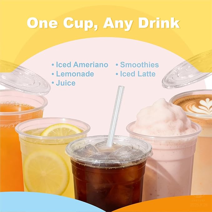 Coolcap 24 oz 100 Pack Disposable Clear Plastic Cups with Lids and Straws, Food Safe Bulk Iced Coffee Cups for Smoothies, Milkshakes and Other Cold Drinks
