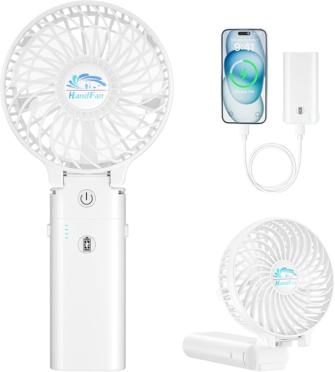 HandFan 5200mAh Personal Fan Handheld,180° Foldable Hand Held, Battery Operated Rechargeable Fan, Portable Charger Design, 3 Speeds,20H Runtime for Travel/Wedding/Camping/Outdoors/Indoors (White)