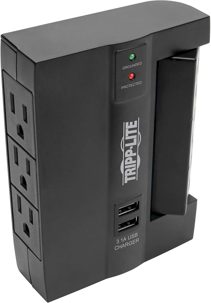 TRIPP LITE 6 Outlet Surge Protector Power Strip, 3 Rotatable Outlets, Wall Tap/Direct Plug in, 1200 Joules, 2 USB Charging Ports, Limited Warranty & $20, 000 Insurance (SWIVEL6USB), Black