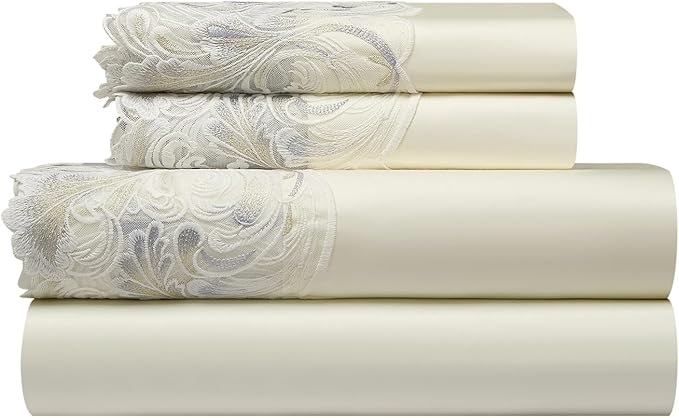 mixinni Luxury Satin Duvet Cover Set with Embroidery Lace, Silky Soft Bedding Set (1 Duvet Cover + 2 Pillowcases), Cream White - Elegant Bedroom Comforter Cover, Vintage Royal Style-Twin XL Size