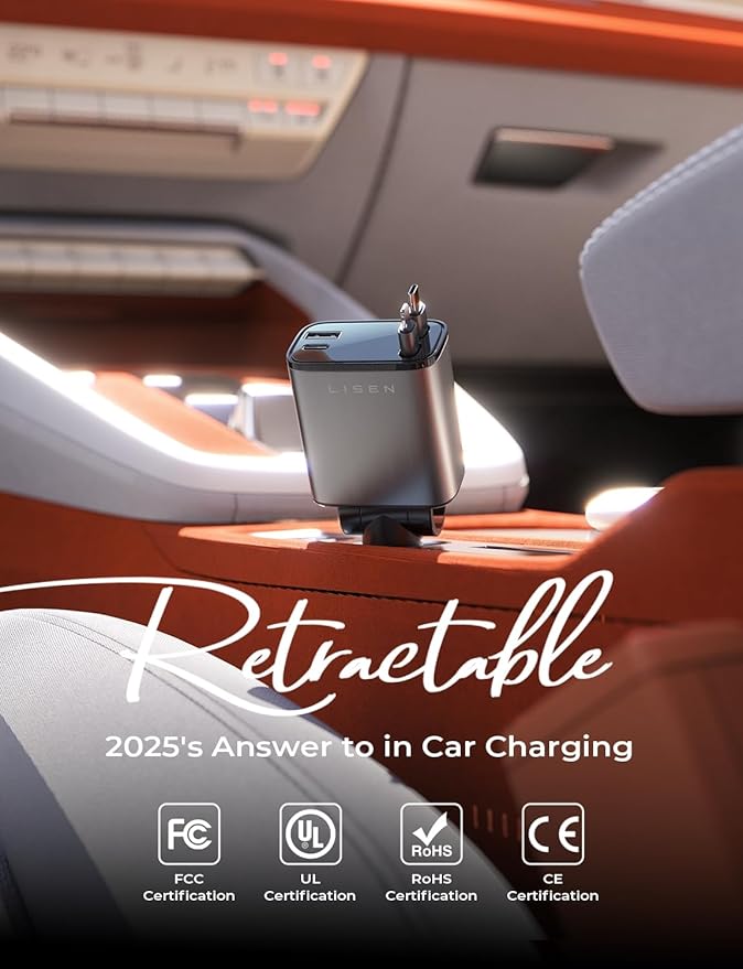 LISEN Retractable Car Charger, for Gifts for Him Her, 69W Cars Adapter USB C Fast Charger for iPhone 17-11, Car Accessories Gadgets for Men, Anniversary Birthday Gifts for Men Women, for Samsung
