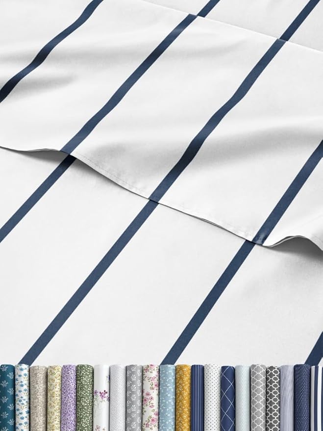 Striped Sheets - Navy Blue & White Striped Sheets - 1 Flat & 1 Fitted & 2 Pillowcases w/ Deep Pockets – Wrinkle & Fade Free - Soft, Breathable & Cooling – Luxury Pinstripe Bedding - Queen Size Bed Set