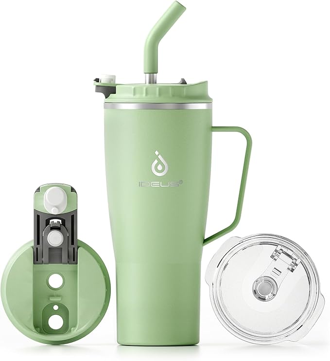 Ideus 32 oz Tumbler with Handle and Straw, Vacuum Insulated Stainless Steel Travel Mug, 100% Leakproof, Cup Holder Friendly, Avocado Green