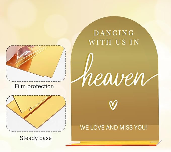 Acrylic Wedding Sign, Bridal Shower Decorations, Dancing With Us in Heaven Sign for Ceremony, Modern Font Table Signs, Gold Mirror Arched Acrylic Tabletop Signs for Wedding Reception and Event Party