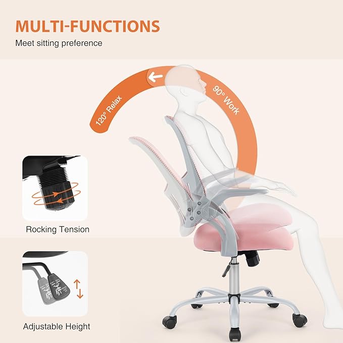 Sweetcrispy Home Office Computer Desk Chair, Ergonomic Mid-Back Mesh Rolling Work Swivel Task Chairs with Wheels, Comfortable Lumbar Support, Comfy Flip-up Arms for Bedroom, Study, Student, Pink