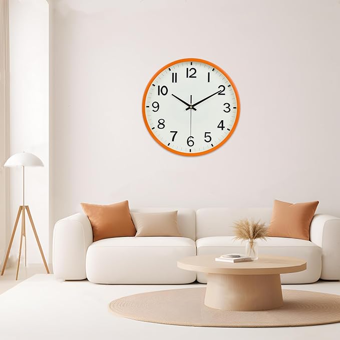 Wall Clock, Modern 8 Inch Small Wall Clocks Battery Operated, Silent Non-Ticking Analog Classic for Office, Home, Bathroom, Kitchen, Bedroom, School(Beige and Orange)
