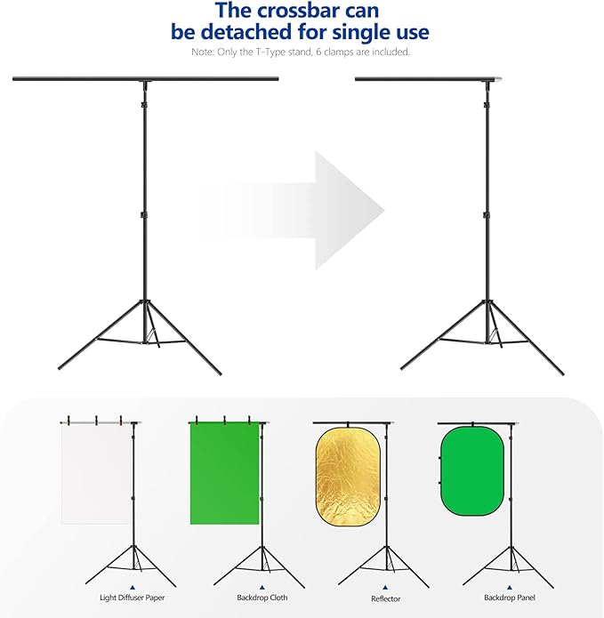 NEEWER T-Shaped Background Backdrop Support Stand Kit, 8.5ft/2.6m Tall Adjustable Tripod Stand and 5ft/1.5m Wide Crossbars with 6 Spring Clamps and 1 Carrying Bag for Studio Photo Video Photography