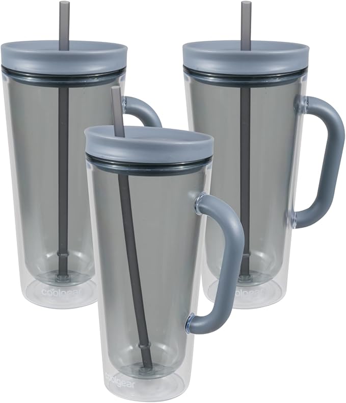 COOL GEAR 3-Pack 26 oz Spritz Tumbler with Straw and Handle | Pressure Fit Lid, Colored Re-Usable Tumbler Water Bottle with Straw and Handle - Cool Grey Pack