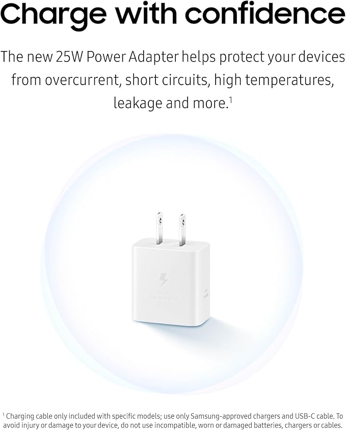 SAMSUNG 25W Wall Charger Power Adapter with Cable, Super Fast Charging, Compact Design, Compatible with Galaxy and USB Type C Devices, White