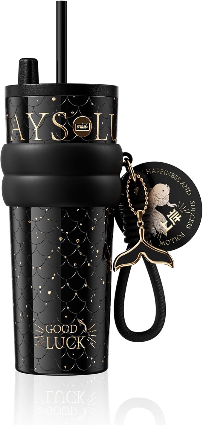 24 oz Tumbler with Lid and Straw, Insulated Coffee Mug Leak Proof, Portable Iced Travel Water Bottle, Reusable Thermal Coffee Cup, Gifts for Women, Mystic Black